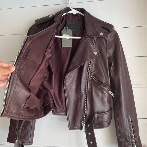 NWT All Saints Balfern Biker Leather Jacket Deep Red Size US 0 - Picture 3 of 12